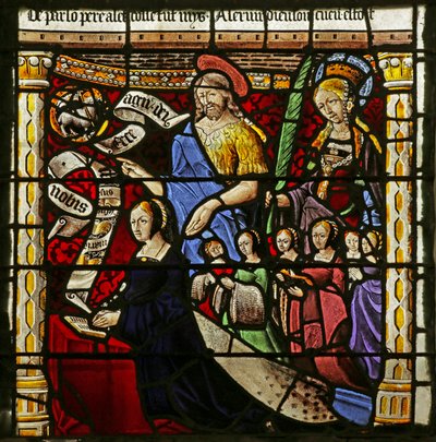 Vidriera que representa a la donante con sus seis hijas, San Juan Bautista y una mártir de French School